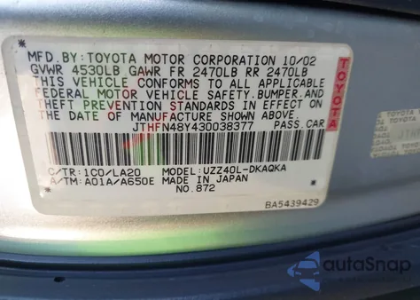 2003 Lexus Sc 430 from USA, damaged, VIN JTHFN48Y430038377